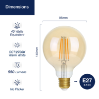 Ampoule LED à filament G95 dimmable, style Edison vintage, lumière décorative 2700K 550lm, verre ambré pour suspension, éclairage domestique et de restaurant