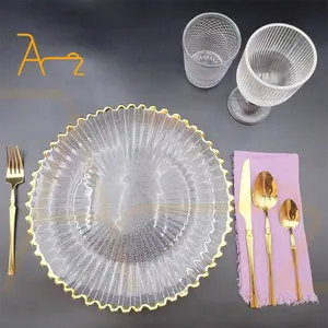 Plato de cena con borde dorado para vajilla de boda, decoración de escritorio, juego de vajilla de cristal, platos de cargador de cristal, venta al por mayor