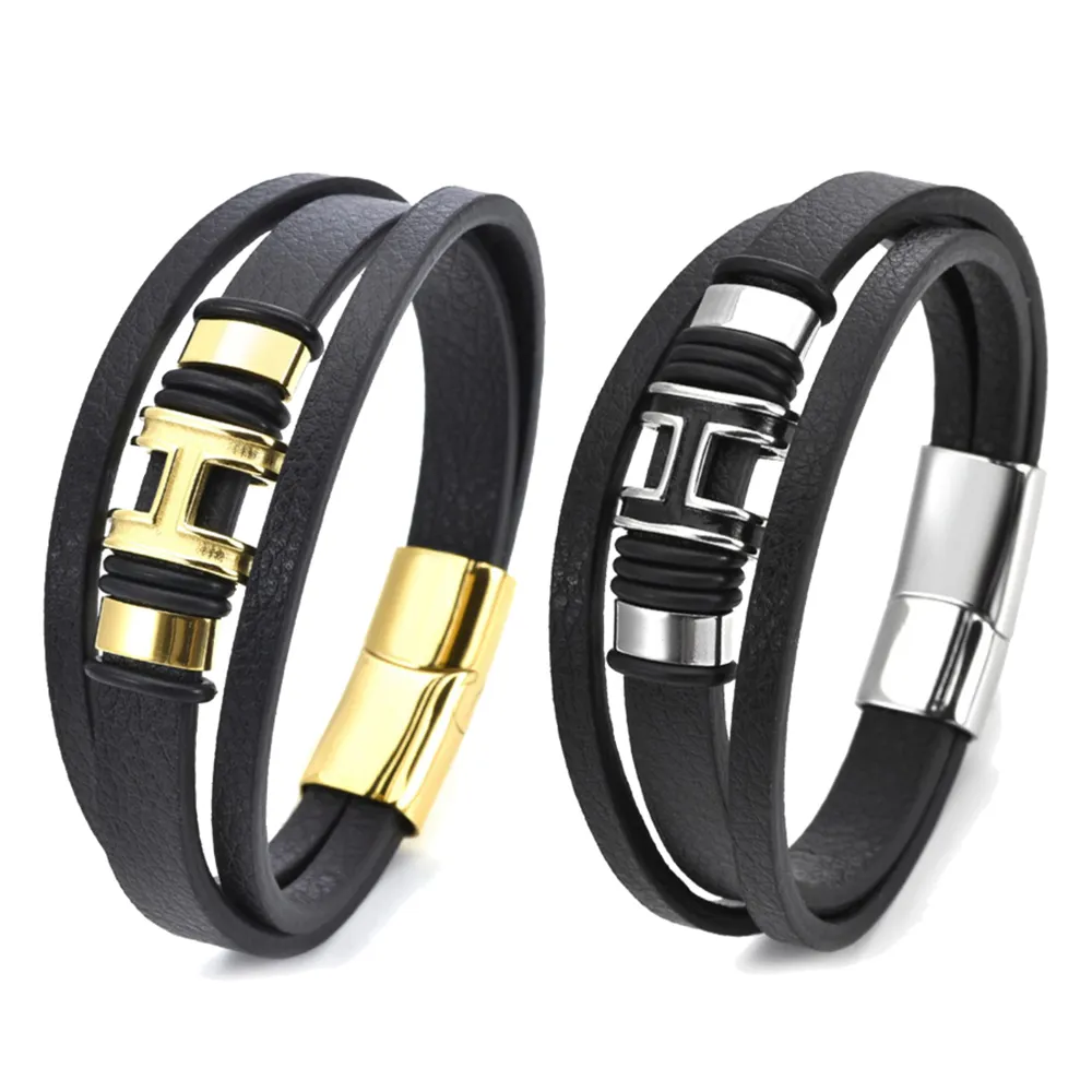 Mode européenne et américaine pour hommes Bracelet géométrique multicouche tressé à la main Bracelet rétro en acier inoxydable Bracelet en cuir