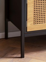 Table TV 55 pouces en noir et chêne meuble TV support TV Table d'appoint Console avec porte en rotin PE et étagères de rangement