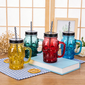 Venta al por mayor: Vaso de vidrio reutilizable de 16 oz con <span class=keywords><strong>boca</strong></span> ancha, diseño de calavera, tipo Mason Jar, taza de cerveza, botella de vidrio con asa - Product Image 2