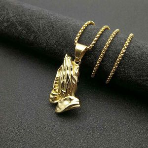 Collier avec pendentif mains en prière plaqué or en acier inoxydable, bijoux de mode unisexe, cadeau - Product Image 4