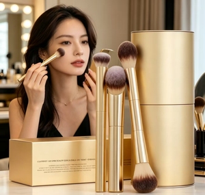 Ensemble de pinceaux de <span class=keywords><strong>maquillage</strong></span> Dragon Complexion Essentials, pinceaux dorés avec support et boîte <span class=keywords><strong>pour</strong></span> fond de <span class=keywords><strong>teint</strong></span>, blush et poudre - Product Image 5
