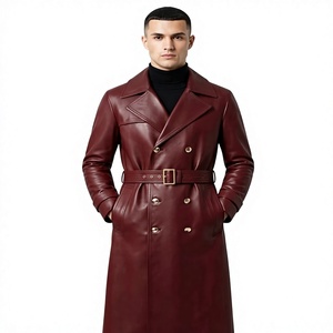 Men Genuine <b>Leather</b> Long <b>Trench</b> <b>Coat</b> Notched Lapel Double Breasted With Belt Regular Fit - Product Image 1