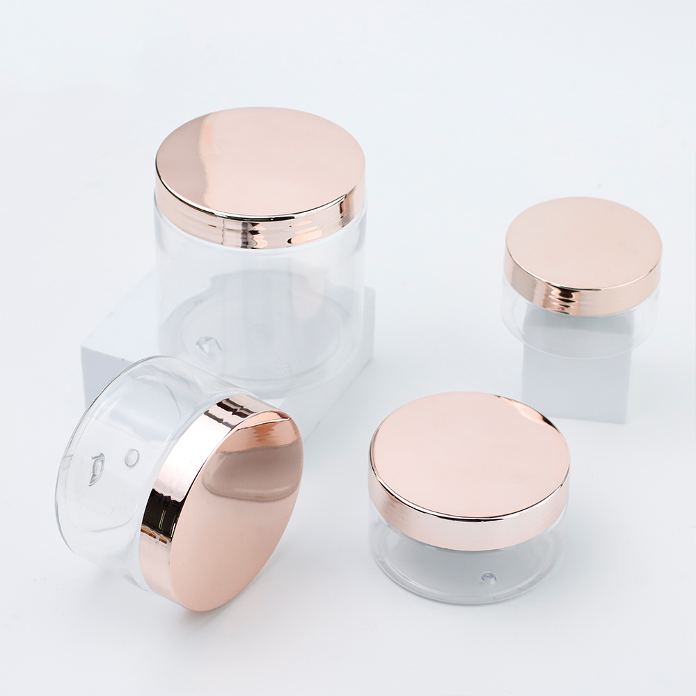 50ml 100ml 150ml 200ml 250ml 500ml Clear Plastic Cosmetic Container Cream Jar With Gold Lid Rose Gold Lid