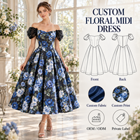 Robe midi personnalisée pour femme en satin à imprimé floral, avec corset, épaules dénudées, manches bouffantes et jupe ample, idéale pour les occasions