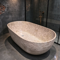 Baignoire autoportante HONGDEC de luxe en pierre artificielle à texture travertin, baignoire ovale pour trempage, salle de bain