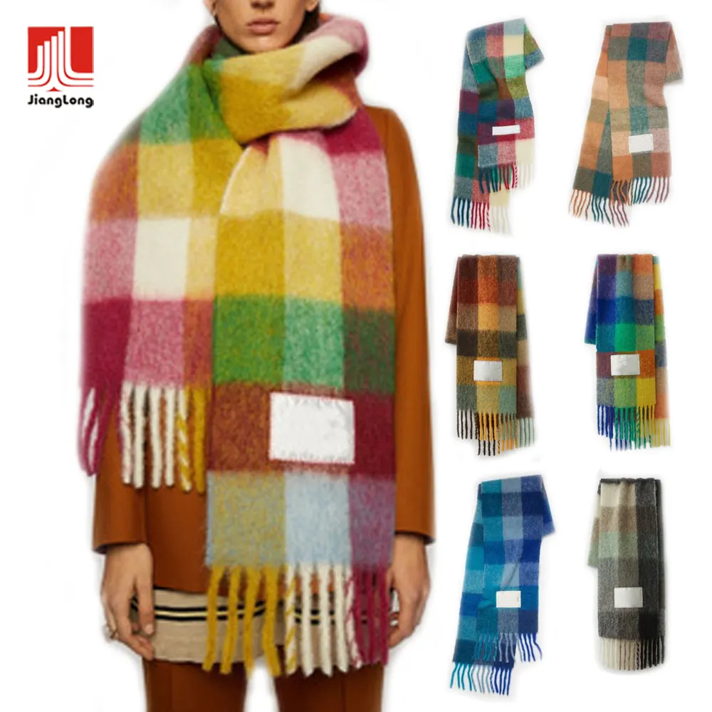 Fashion wholesale large oversize plaid fluffy winter scarf cape acrylic oblong chunky with tassel fringe scarf for women