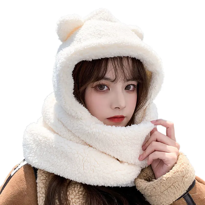 Women Winter bear hat hooded scarf Korean Furry Hat Scarf One Piece Fur Lovely Thick Plush Scarf Warm Winter Hat