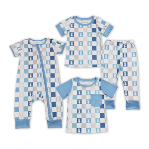 Vêtements assortis pour frères, imprimé à carreaux bleus, pour Pâques, vêtements pour enfants, vente en gros - Product Image 1