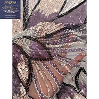 Tissu en tulle et dentelle surdimensionné à motifs de plumes de lotus, orné de perles et de paillettes, avec bordure décorative, pour robes de soirée