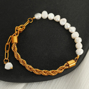Bracelet à maillons en chaîne plaqué or avec perles d'eau douce, acier inoxydable, bijoux classiques pour femmes, 40+10cm - Product Image 2