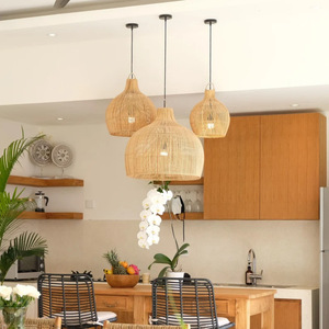 Lampe suspendue en rotin noir, lustre rond E27 pour chambre à coucher et salle à manger, luminaire de style nordique - Product Image 3