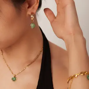 EU&US INS new fashion bracelet 18K gold-plated stainless steel earrings inlaid green cornelian natural stone necklace set