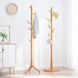 Wholesale Custom Hooks Wooden Standing Coat Rack Hanger Bedroom Wood Tree Stand Hat Clothes Coat Racks