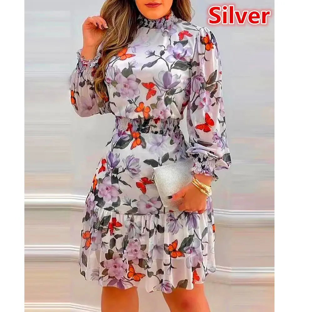 Vestido con estampado floral de moda de manga larga corta para mujer de alta calidad de venta directa de fábrica