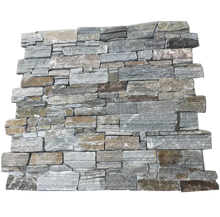 Rivestimento per pareti in impiallacciatura di pietra impilata con sporgenza in quarzite grigia spaccata naturale con supporto in cemento
