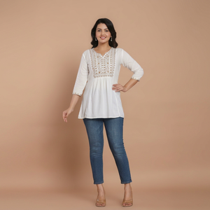 White Cotton <b>Kurta</b> With Embroidery 3/4 Sleeve Loose Fit Casual Wear For <b>Women</b> India Pakistan Style - Product Image 1