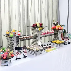 Hotel Restaurant Wedding Decoration Hand Stainless Steel Hammered Buffet Risers Cake Stand Set Luxury Buffet Food Display Rack