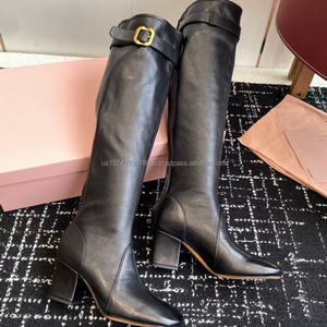 Nuevos Estilos de Botas Altas hasta la Rodilla con Punta Cuadrada y Cierre de Cremallera en Cuero de Microfibra para Mujer, Otoño/Invierno, Zapatos de Tacón Cuadrado de Diseñador de Lujo para Mujeres - Product Image 1