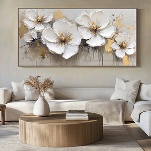 Cuadro Abstracto Moderno Grande Hecho a Mano sobre Lienzo con Hojas de Oro, Pinturas de <span class=keywords><strong>Flores</strong></span> Blancas Ecológicas para Sala de Estar - Product Image 2