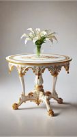 Table ronde classique en teck, finition or antique, tabouret durable en bois massif, table basse pour salon