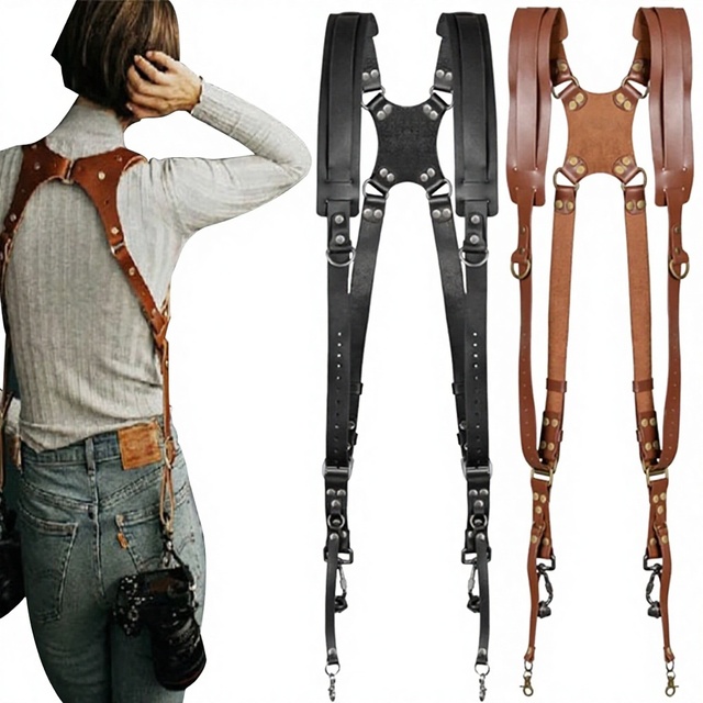 New Genuine Leather Quick Release Anti-Slip Dual Shoulder Leather Harness Camera Strap with Metal Hook for SLR / DSLR Cameras