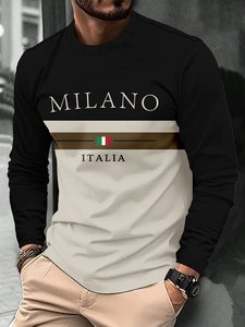 T-shirt a maniche lunghe da uomo con grafica bandiera italiana Milano - Maglia casual in raso 100% poliestere pesante con scollo a V e stampa ricamata 3D - Product Image 1