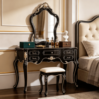 Ensemble coiffeuse antique européenne noir et or avec miroir et tabouret, table de maquillage de luxe pour chambre à coucher, mobilier de maison