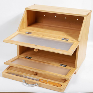 Bamboo <b>Bread</b> Storage Box Double Layer Flip Top With <b>Knife</b> Holder 34.5cm x 33cm x 39cm For Kitchen Use - Product Image 2
