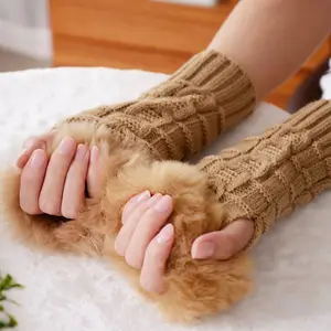 Women's Knitted Long Hand Gloves Winter Warm Fur Gloves Fingerless Gloves For Girls