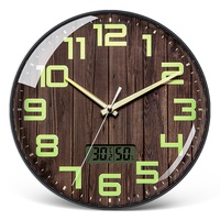 Horloge murale lumineuse imprimée en bois, décoration de la maison, salon, horloge simple silencieuse créative LCD affichage de la température et de l'humidité q unique