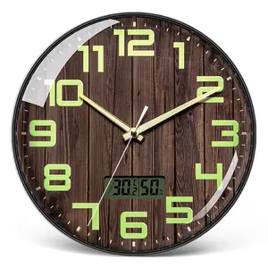 Reloj de pared luminoso con impresión de madera, decoración del hogar, sala de estar, simple, silencioso, creativo, LCD, pantalla de temperatura y humedad, q único