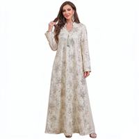 Robe longue maxi modeste pour adultes, col montant, broderie florale, sequins, polyester, pendentif à pompon, manches longues, col en V, style décontracté musulman