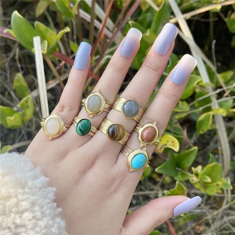 Wholesale Gold Plated Stainless Steel Natural Stone Ring Vintage Adjustable Open Ring Oval Turquoise Rings For Women