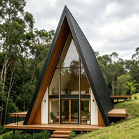 Cabane en bois moderne de type conteneur Airbnb, maison triangulaire en kit A-Frame, 2 chambres, structure en acier préfabriquée de luxe sur mesure, cuisine