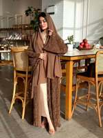 R-899 Abaya élégante pour femmes, dentelle brodée, manches longues, longueur cheville, coupe ajustée évasée, robe pour l'Aïd, le Ramadan, les fêtes, le quotidien