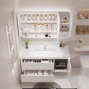 Meuble de salle de bain noir simplifié avec miroir en verre alvéolé, vasque blanche et corps de meuble suspendu - Product Image 6