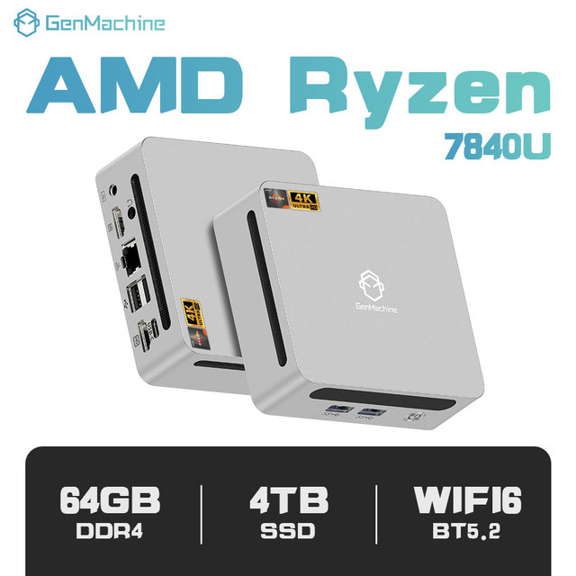 GenMachine Ryzen 7 7840U AMD Mini PC 8 Core 16 Threads 2.5G LAN Wifi 6 BT 5.2 2HD 4USB 3.0 USB4 3 Display Screen RAM 24G LPDDR5