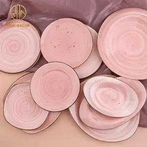 high strength good quality 12 inch dessert ceramic porcelain golden rim irregular shallow plate restaurant pink plate