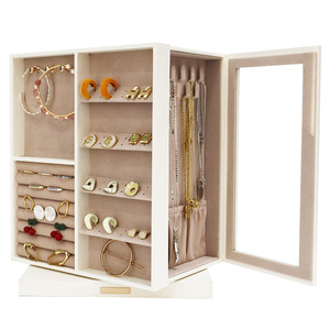 Boîte à bijoux grande capacité rotative multicouche en verre visible, avec double porte - Product Image 1