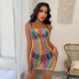 2026 Performance Wear One Piece Sexy Stripper Outfit Rainbow <strong>Fishnet</strong> Women Exotic Dancewear Clothing - Product Image 5