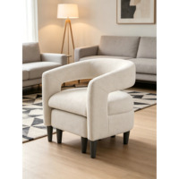 Fauteuil d'appoint beige incurvé avec pouf assorti, pieds coniques en bois massif, compact, pour la lecture