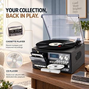 Tocadiscos de Madera, Gramófono Moderno, Fonógrafo, Reproductor de Casetes, CD/BT, Radio FM, Tocadiscos con Funciones Todo en Uno - Product Image 4