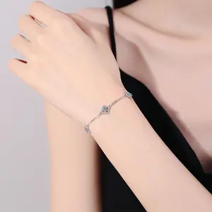 Fashion Elegant Dainty S925 Sterling Silver Women Jewelry Pave Setting Moissanite 4 Clover Adjustable Bracelet