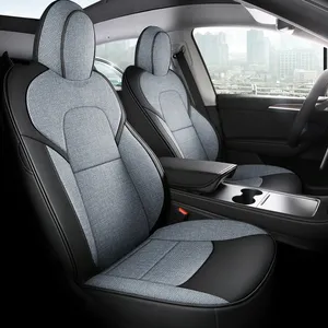 Accesorios de cubierta de asiento de coche de ajuste personalizado específicos para 5 asientos Tesla modelo Y Modelo 3 cuero y lino combinado trasero medio cubierto