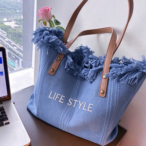 Bolsos de Playa Personalizados con Letras Bordadas, Bolsos de Hombro de Lona para Mujer, con Borlas, Casuales, con Forro de Poliéster Sólido - Product Image 5