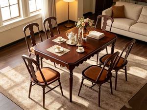 Vintage Dark <b>Wood</b> <b>Dining</b> <b>Table</b> Set, 4 Seater with Scalloped Edge & Upholstered Chairs - Product Image 1