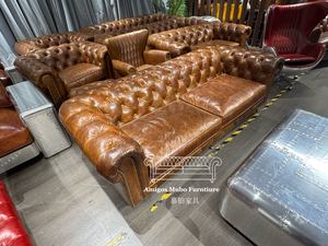 Canapé Chesterfield 3 places en cuir véritable, style vintage américain rétro - Product Image 4