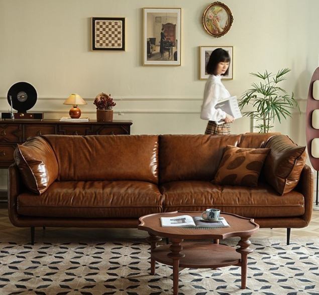 French-style Vintage Oil-wax Leather Sofa Natural Latex Filling ...